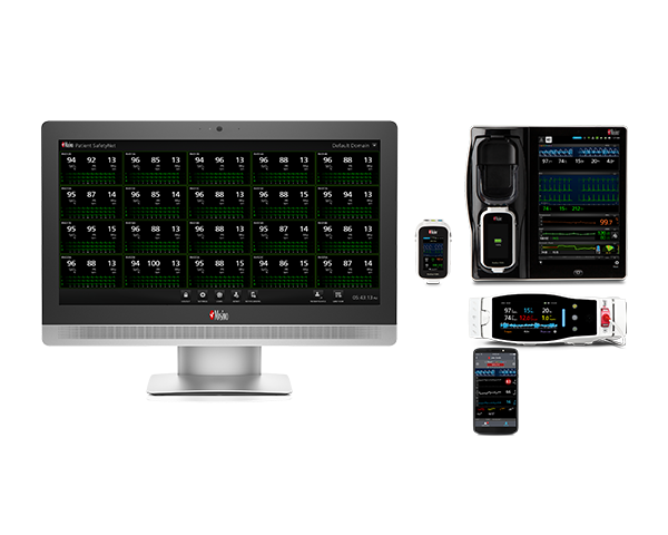 Group image of Patient SafetyNet system showing the desktop and phone view of Masimo Rad-97, Radical-7, and Radius-7 readings
